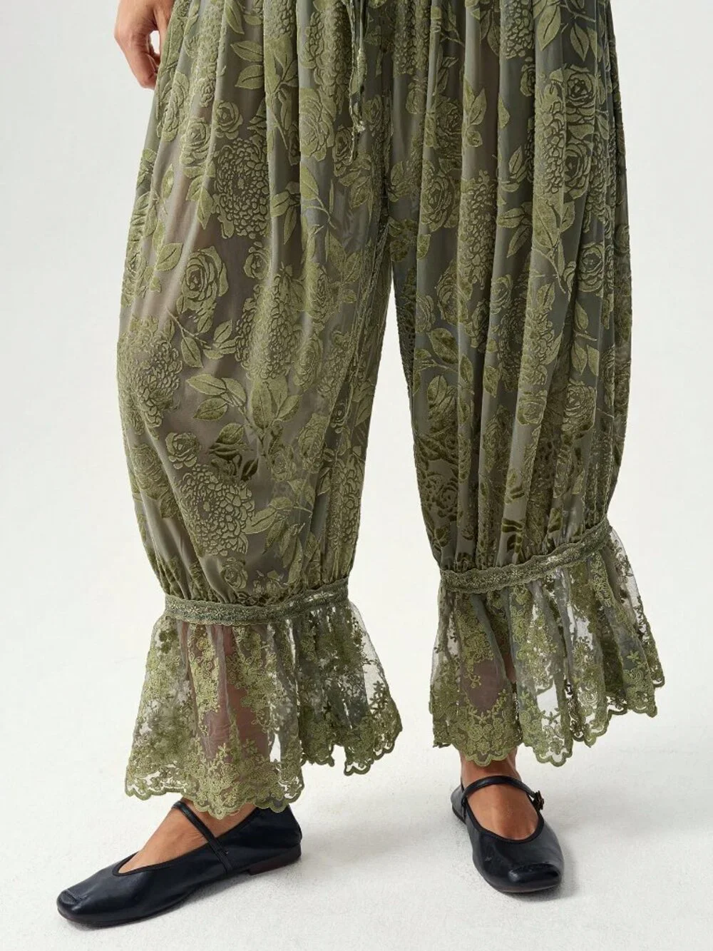 Green Casual Women's Boho Drawstring Waist Floral Lace Patchwork Long Pants